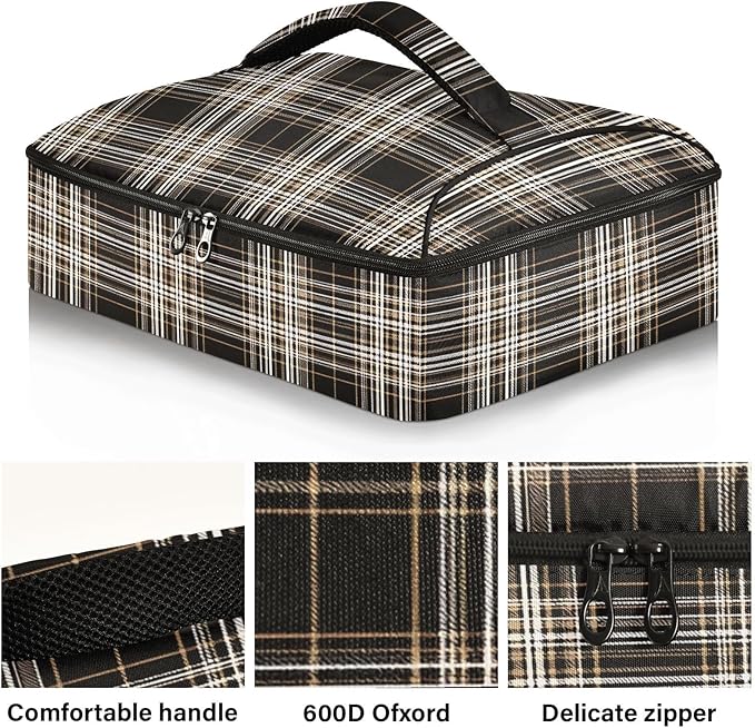 Casserole Carrier Black Wnite and Brown Tartan Pattern Insulated Casserole Carrier for Hot or Cold Food Thermal Lunch Tote for Parties Picnic Travel Carry Bag