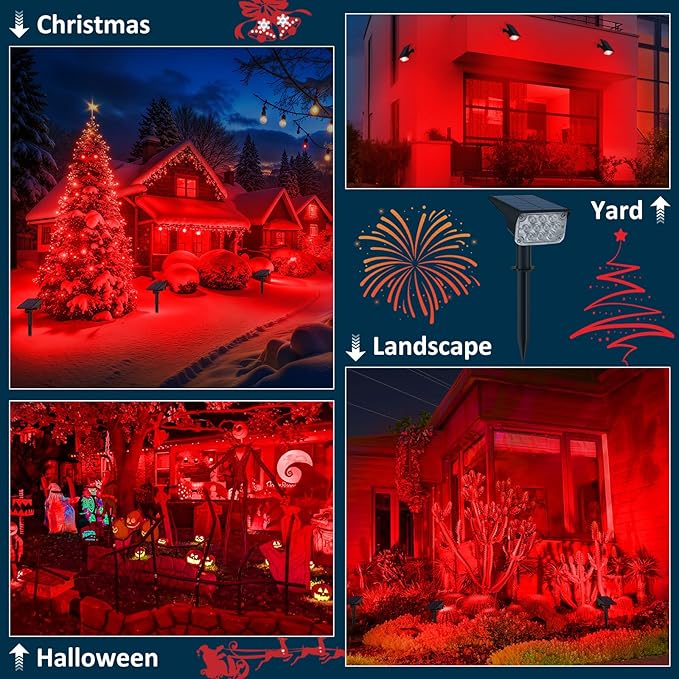 T-SUNUS Christmas Red Solar Lights for Outside IP65 Waterproof Auto On/Off Adjustable Landscape Spot Lighting Garden Spotlight Outdoor Tree Pathway Yard Driveway Wall Patio Lawn Flag Halloween 4 Pack
