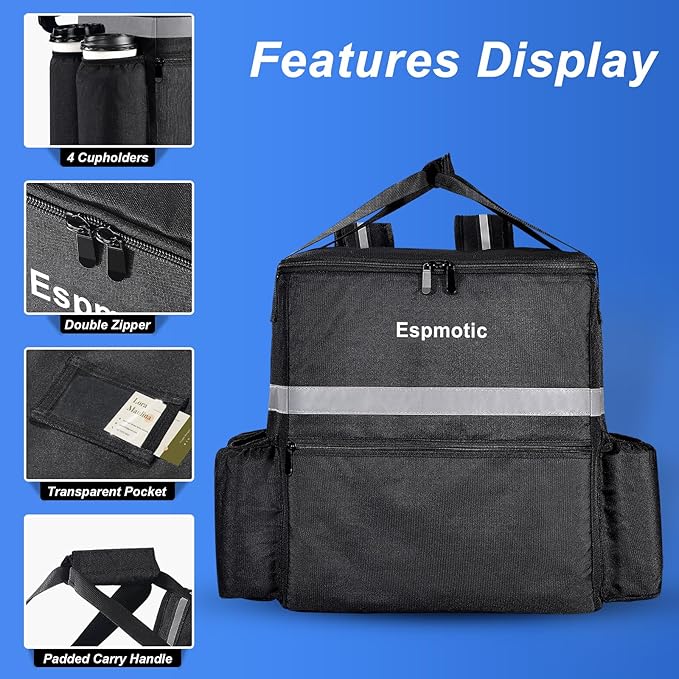 Insulated Food Delivery Backpack - Large Capacity Leakproof with 4 Reinforced Cup Holders Optimized for Hot/Cold Food Delivery Ideal for Uber Eats DoorDash Postmates &amp More