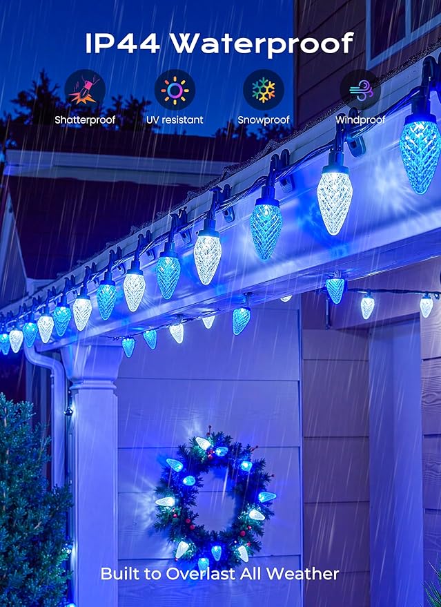 C9 Christmas Outdoor Lights 72 FT 110 LED C9 String Lights 8 Modes &amp Timer Extendable Waterproof for Christmas Tree Indoor Outdoor Roofline Patio Outside Garden Backyard Xmas Decor Blue White