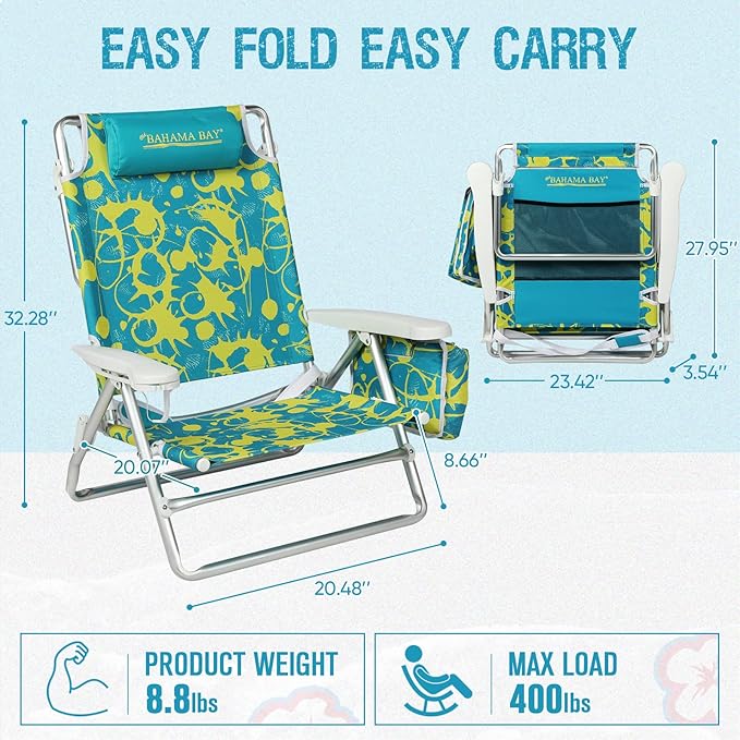 Old Bahama Bay Backpack Beach Chair Aluminum Lightweight Reclining 5-Position Lounge Chair for Adults Heavy Duty Support 400 LBS Portable Folding with Cooler Bag Camping Chair for Sand Outdoor