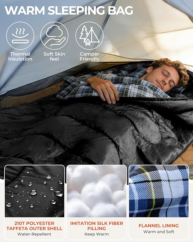 Sportneer 0 Degree Sleeping Bag for Cold Weather XL Winter Sleeping Bag for Adults Flannel Lined Camping Sleeping Bag 32°F–59°F Rated 87 x 33.5 4.4 lbs Detachable Hood Compression Sack