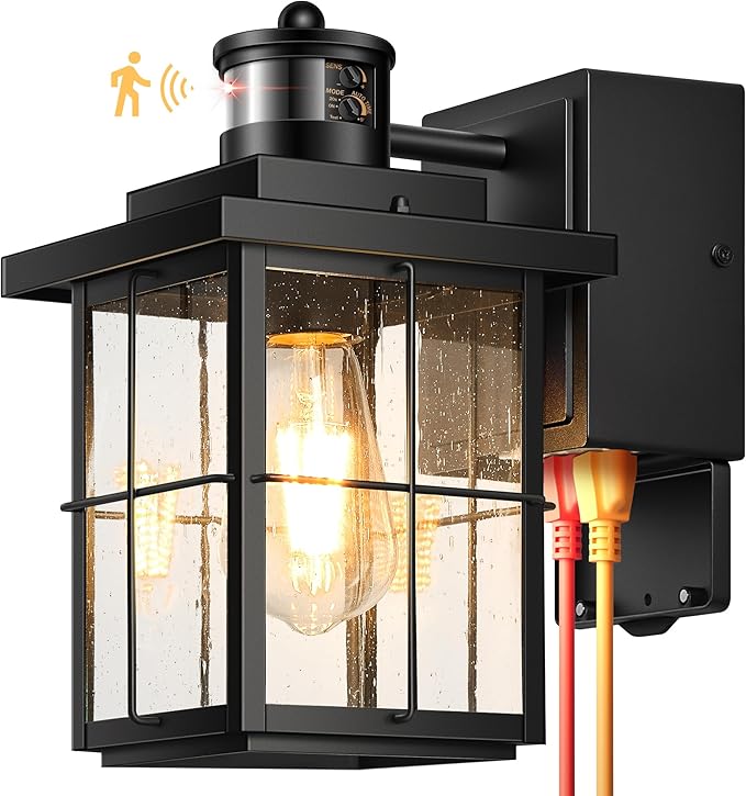 Gleamz Motion Sensor Outdoor Wall Light Black Porch Light with GFCI Outlet Waterproof Outdoor Light Fixture with Outlet Front Door Light with Seeded Glass Exterior Wall Lantern for Garage Patio