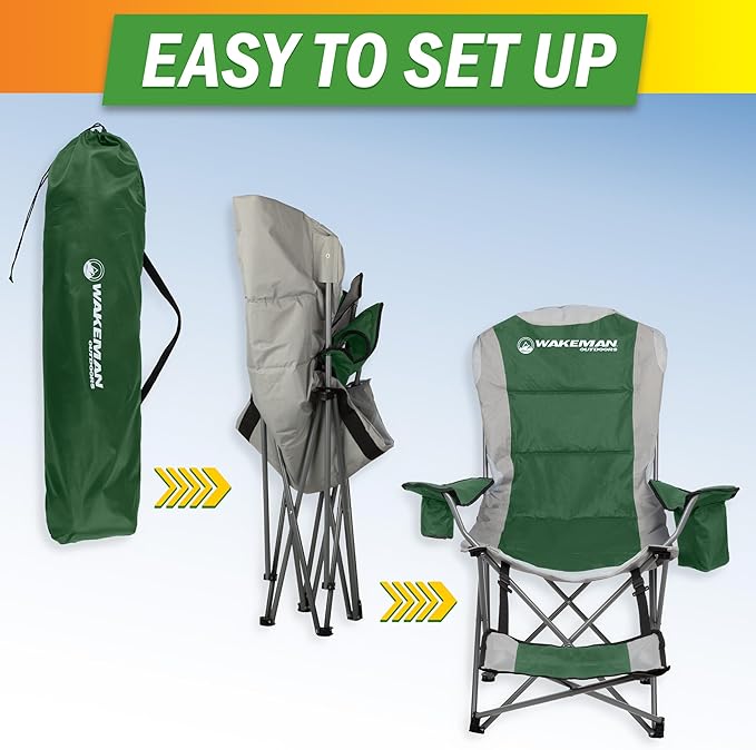 Camping Chair with Foot Rest - 300lb Capacity Beach Chair with Footrest Cupholder and Cooler Pouch - Portable Chair by Wakeman Outdoors (Green)
