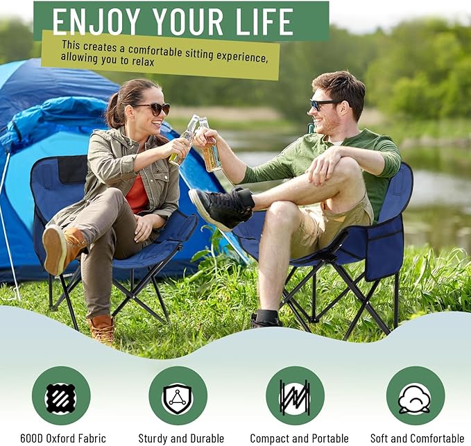 2 Pack Compact Camping Chairs Portable Folding for Outside with Carry Bag Lightweight Moon Chairs for Travel Picnic Hiking Beach Fishing 600D Oxford Supports 330lbs(Blue)