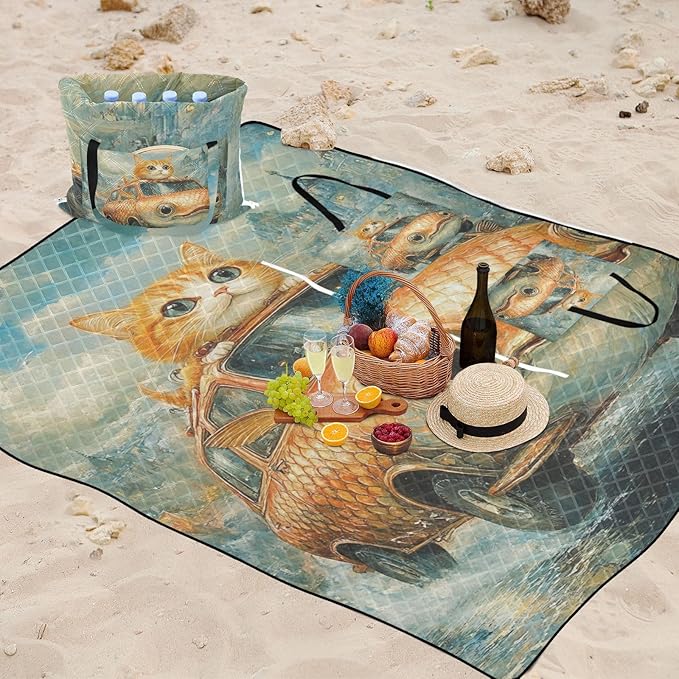 KLL Funny Cat Fish Shaped Car Waterproof Beach Blankets Soft Party Outdoor Playmat for Adults Summer Gift colcha para picnic