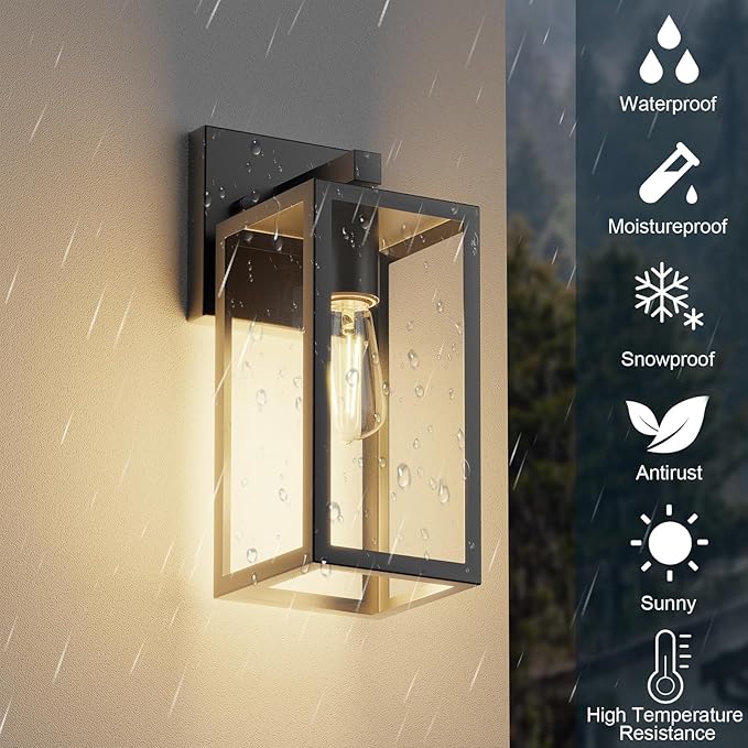 Kalium Porch Lights Outdoor Wall Light Fixture 2pcs Matte Black Wall Sconce 12.4 in Toughened Frame Clear Glass Shade Waterproof Lanterns for Patio Exterior Front Door Entryway