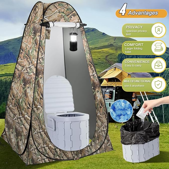 Portable Toilet Kit Camping Toilet with Pop-Up Privacy Tent and Poo Gel Toilet Bags Washable Portable Outdoor Showers Changing Rooms