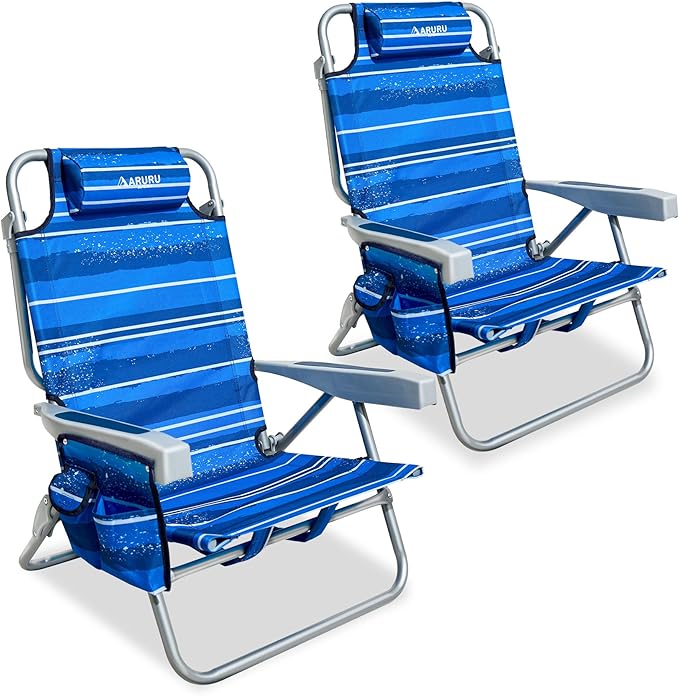 Beach Chairs for Adults 2 Pack Portable Folding Backpack Beach Chair Heavy Duty 5-Position Lay Flat with Cooler Bag Cup Holder for Outdoor/Lawn/Picnic/Camping
