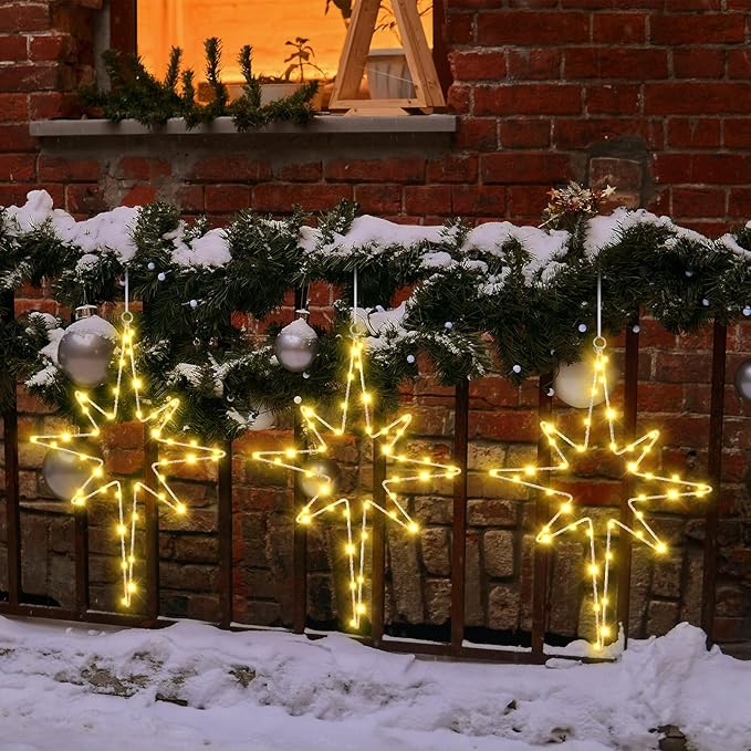 Baquler 6 Pcs 16 Inch Solar Christmas Bethlehem Star String Light Outdoor Xmas Bethlehem Star Light LED Hanging Christmas Decoration for Windows Outdoor for Holiday Garden Home Xmas Tree Porch Decor