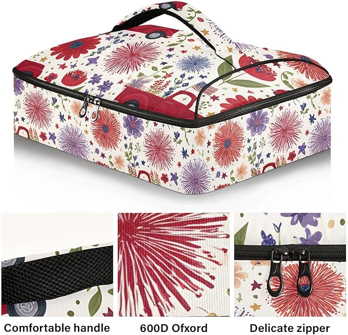 Casserole Carrier Red Truck FlowersInsulated Casserole Carrier for Hot or Cold Food Thermal Lunch Tote for Potluck Parties Picnic Beach Fits 9 x 13 Inches Baking Dish