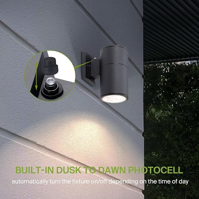 ASD 1 Light Dusk to Dawn LED Outdoor Wall Light Fixture | 9W 1000LM 3000K-5000K 120V Cylinder Up Down Lights | Waterproof Exterior Wall Sconce | Front Door Porch Patio | Black ETL