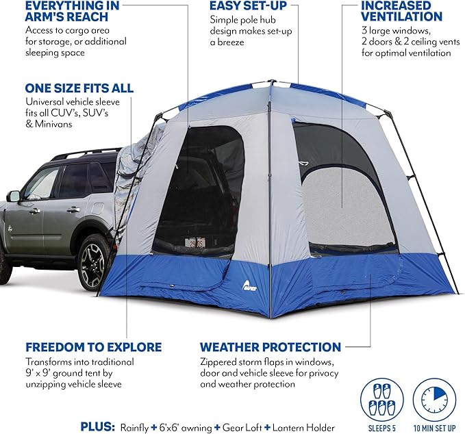 Napier Sportz SUV Tent | 9'x9' Car Camping Tent with Full Rainlfy and Awning | Fits All CUVs SUVs Minivans | Sleeps 5 Adults | Blue/Gray | Model 82000