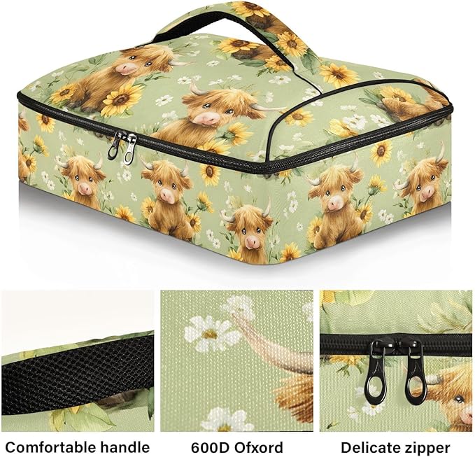 Casserole Carrier Watercolor Pattern Adorable Highland CowsInsulated Casserole Carrier for Hot or Cold Food Thermal Lunch Tote for Potluck Parties Picnic Fits 9 x 13 Inches Baking Dish