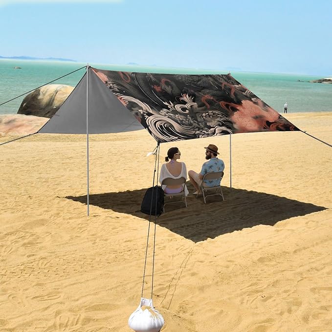 Vintage Fantasy Dragon Beach Tent Sun Shelter 9.2' x 10.5' Beach Canopy with 4 Sandbags 4 Stability Poles Sand Shovels - Tent Canopy for Beach Camping Fishing Picnics