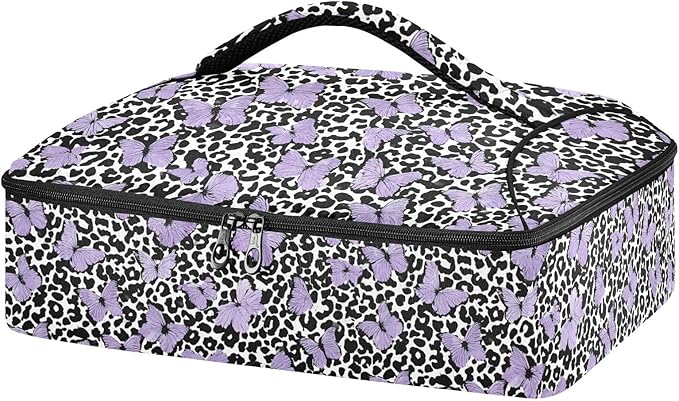 Casserole Carrier Leopard Print Pattern with Purple ButterfliesInsulated Casserole Carrier for Hot or Cold Food Thermal Lunch Tote for Potluck Parties Picnic Fits 9 x 13 Inches Baking Dish
