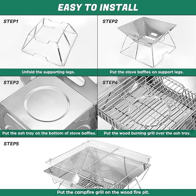 Odoland Folding Campfire Grill 304 Stainless Steel Grate Barbeque Grill Portable Camping Grill with Legs for Picnics Backpacking Outdoor with Carrying Bag and Kitchen Tongs