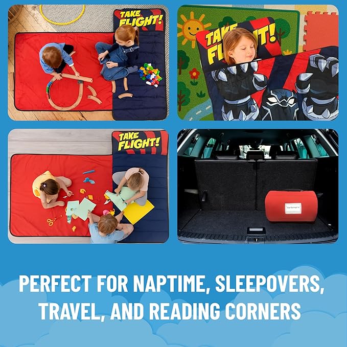 Jay Franco Kids Nap Mat with Embedded Pillow &amp Blanket – Soft 46x20 Microfiber Sleeping Bag with Name Tag &amp Handle for School Travel Sleepover Blue - Black Panther