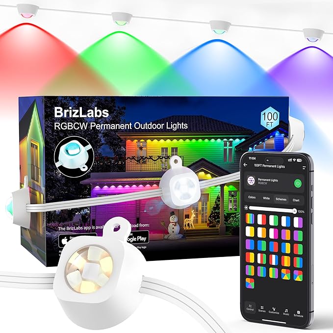 BrizLabs Signature Permanent Outdoor Lights 100ft 60 LED RGBCW Smart Christmas House Lights 200+ Custom Scene-Color Effect Waterproof Eave Light for Xmas Halloween Alexa Google Assistant Enabled