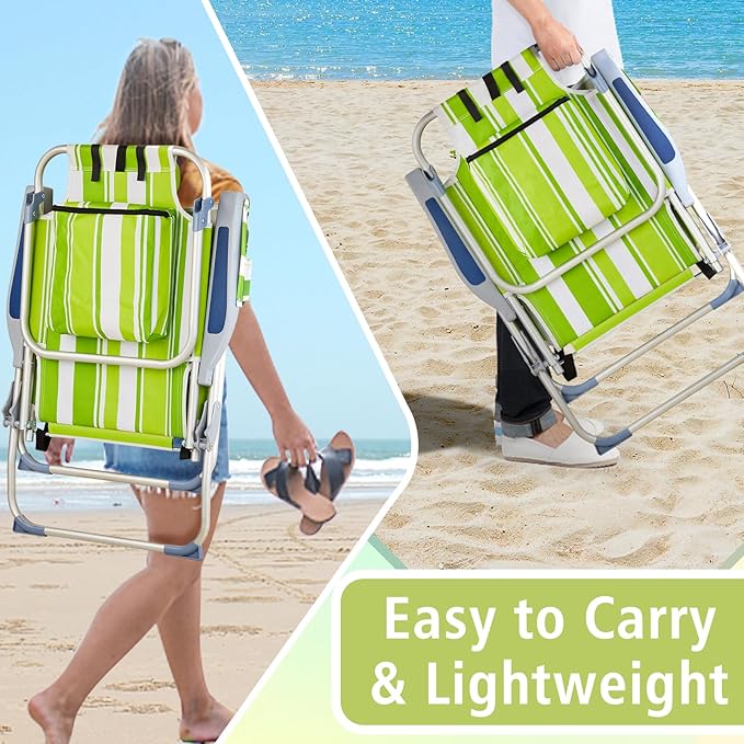 2 Pack Tall Beach Chairs for Adults 5-Position Reclining Backpack Beach Chair with Cooler Pouch Portable Lightweight Folding Aluminum Beach Chair with Cup Holder Supports 220lbs Green Stripes