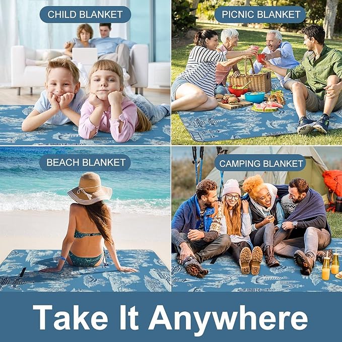 Blue and White Ancient Chinese Folk Chinoiserie Style Waterproof Outdoor Picnic Blanket Sandproof Beach Mat for Camping Hiking Grass Travelling