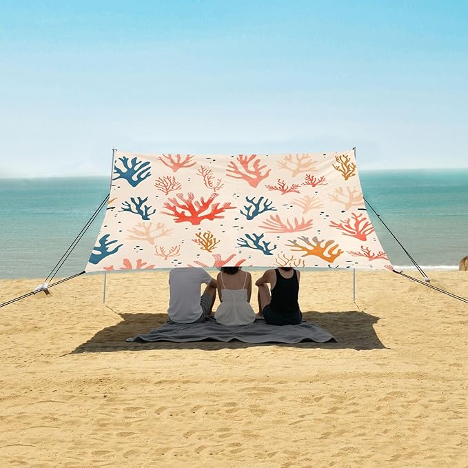 Sea Corals on A Beige Background Camping Sun Shelter Beach Tent Portable Beach Sun Shade Outdoor Canopy for Camping Trips Fishing Picnic