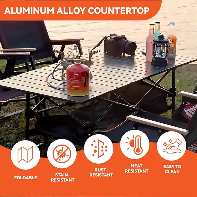 Folding Camping Table Portable Aluminum Picnic Table with Carry Bag Adjustable Height Outdoor BBQ Tailgate Table Lightweight Roll-Up Beach Table