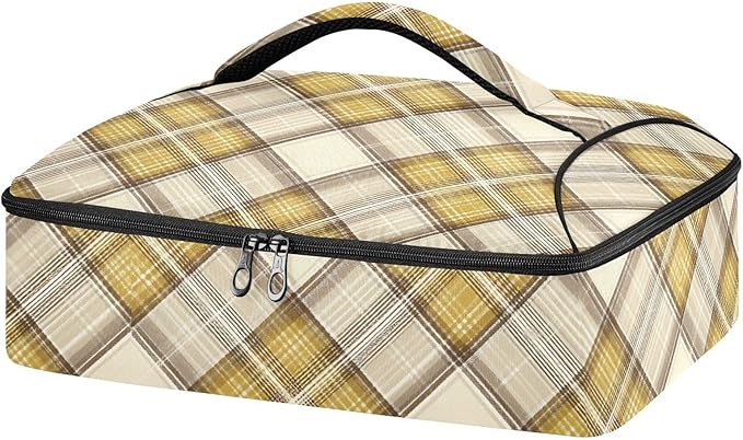 Casserole Carrier Yellow and Brown Tartan Print Pattern Insulated Casserole Carrier for Hot or Cold Food Thermal Lunch Tote for Parties Picnic Travel Carry Bag