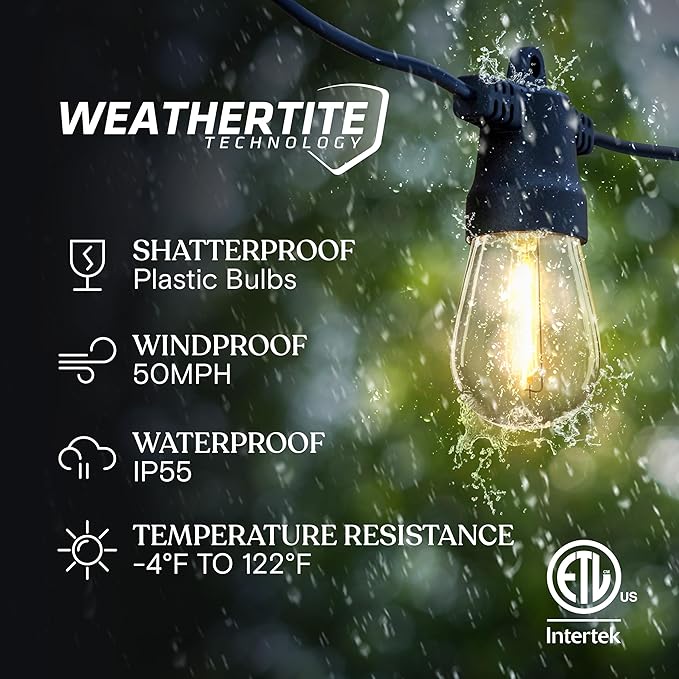 Brightech Ambience Pro Solar Powered Outdoor String Lights 48 ft Commercial Grade Waterproof Patio Lights 15 Edison Bulbs Shatterproof LED String Lights for Outside Porch - 1W Soft White