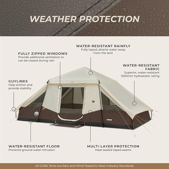 CORE Instant Cabin Tent with LED Lights | Large Family Lighted Pop Up Tent with Carry Bag for Camping Glamping and Backyard Adventures | Included Storage Pockets for Camp Accessories