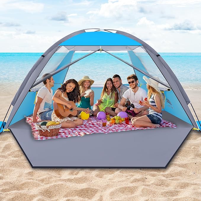 Happy Travel Beach Tent UPF 50+ UV Protection Sun Shade Shelter for 3/4/5/6/7/8 Person Portable Beach Canopy for Family &amp Baby Lightweight &amp Easy Setup Beach Cabana with 3 Ventilation Mesh