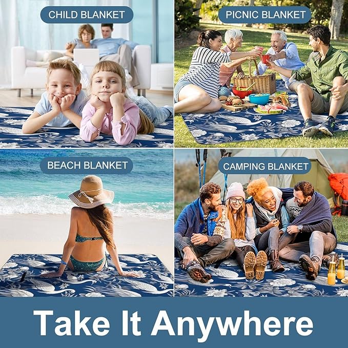 Blue and White Chinese Style Chinoiserie Folk Waterproof Outdoor Picnic Blanket Sandproof Beach Mat for Camping Hiking Grass Travelling