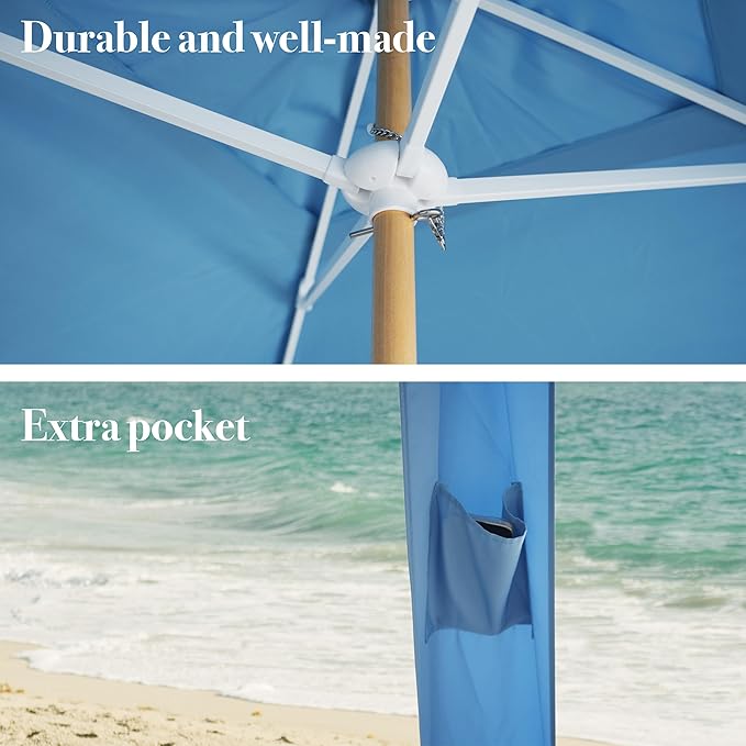 AMMSUN Beach Cabana with Fringe 6.5' x 6.5' Boho Beach Canopy with Tassels Easy Set up &amp Premium Wood Pole Cabana Tent with Sand Pockets Instant Sun Shade for Sand Garden Patio Blue