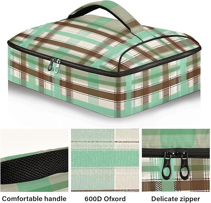 Casserole Carrier Green and Brown Tartan Pattern Insulated Casserole Carrier for Hot or Cold Food Thermal Lunch Tote for Parties Picnic Travel Carry Bag