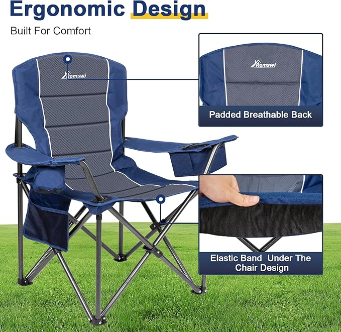 Romswi 2 Pack Oversized Camping Chairs for Adults 500LBS Heavy Duty Steel Folding Chair with Adjustable Elastic Armrests 38.5 Wide 600D Oxford Fabric 6-Can Cooler &amp Side Pockets for Outdoor Bl