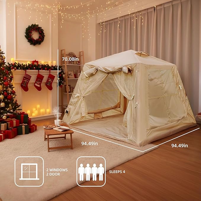 Donext Inflatable Camping Tent 4-Season Glamping Tent with Stove Jack Mesh Windows Easy Setup Windproof Cotton Outdoor Tent with Hand Pump