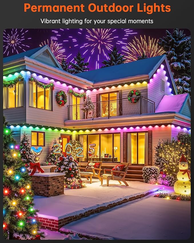 YAYZA! Permanent Outdoor Lights Pro100ft 72 LED Smart RGB+IC+Warm/Cool White Christmas Eave Lights 135lm Music Sync &amp DIY Scenes IP67 Waterproof for Outside Decor Works with AlexaGoogle Remo