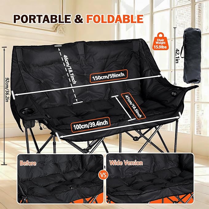 Double Heated Camping Chair Fully Padded Oversized Loverseat Camping Chair w/ 2 x Cup Holder Pillow 2 Person Camping Couch for Outdoor Patio Supports 600lbs Black No Power Bank