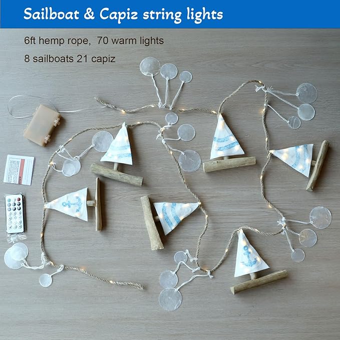 Nautical Decor Sailboat Ocean Light with Capiz Wind Chimes - 6.5FT 70LED Beach Garland with Lights Battery Operated with Remote for Coastal Room Beach Decor