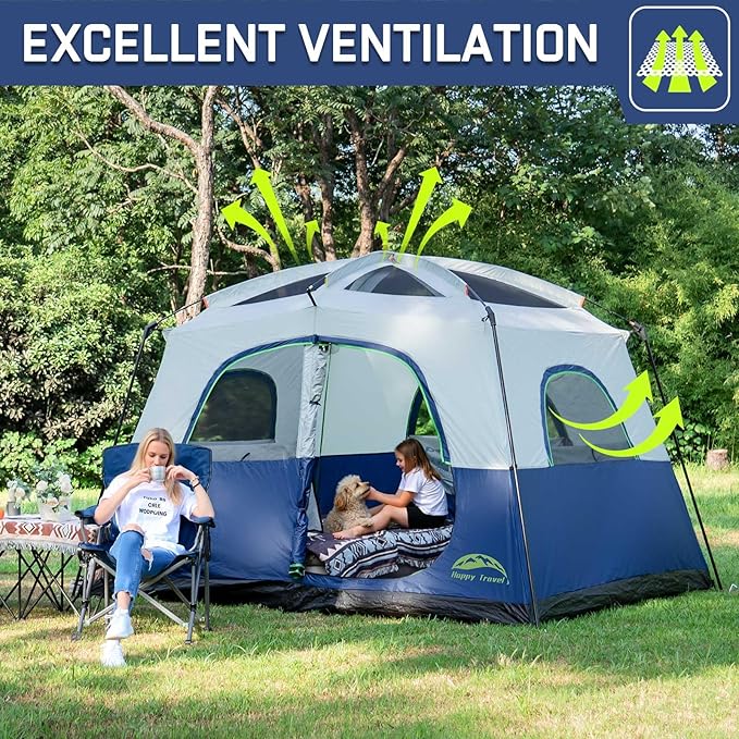 Happy Travel Tent 6 Person Tents for Camping Waterproof Easy Setup Camping Tent with Rainfly Portable Large Family Cabin Tent with 5 Large Mesh Windows and Carry Bag for Outdoor Camping &amp Hiking