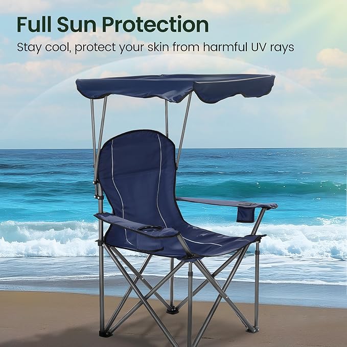 HIGH POINT SPORTS Heavy Duty Canopy Lounge Chair Sunshade Hiking Travel Chair Foldable Canopy Shade Chair for Outdoor Camping Patio Support 350 LBS 2 Pack Navy