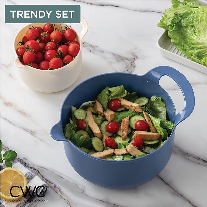 COOK WITH COLOR Nesting Plastic Mixing Bowl Set with Pour Spouts and Handles Blue 6 Piece Non-Slip