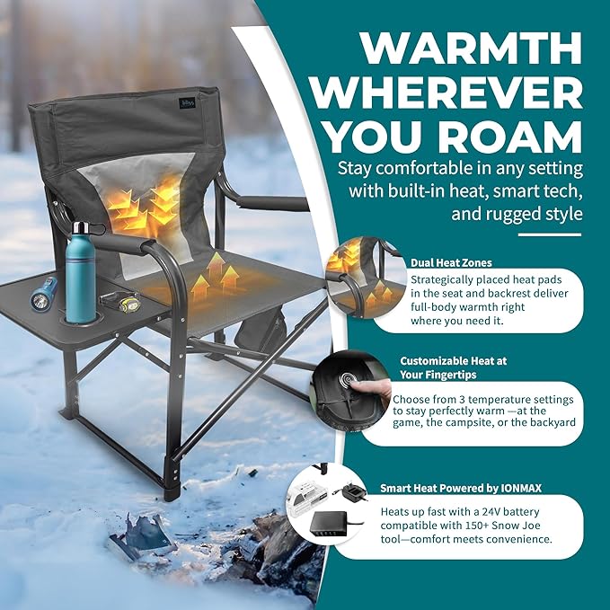 Bliss Hammocks 24 Volt Heated Directors Seat with 3 Heat Settings Folding Portable 21 Inch Wide Steel Frame Camping Chair - Battery Included Gray
