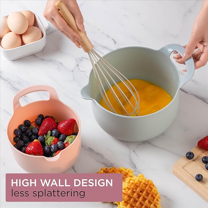 COOK WITH COLOR Nesting Plastic Mixing Bowl Set with Pour Spouts and Handles Teal and Pink 4 Piece Non-Slip
