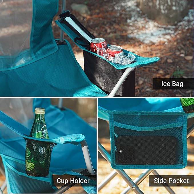 Camping Folding Chair Outdoor Lawn Portable Lightweight Camp Folding Chairs for Adult Outside with Cup Holder Cooler Pouch &amp Side Pocket for Camping Beach Fishing Sports or Tailgating Events