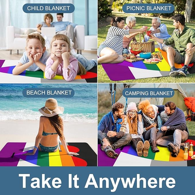 Rainbow Hearts Gay Pride Flag Colored Waterproof Outdoor Picnic Blanket Sandproof Beach Mat for Camping Hiking Grass Travelling