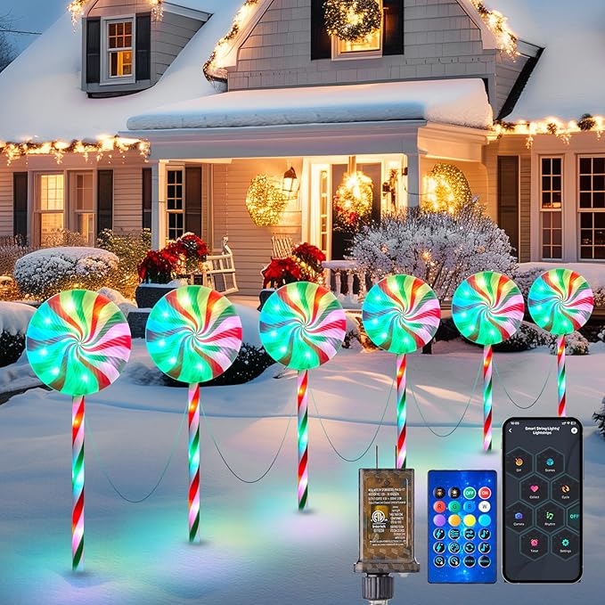 Brightown 6 Pack Smart Lollipop Christmas Pathway Lights Outdoor - 27IN 120 LED Candy Cane Lights with APP Control16 Millions Colors Waterproof Christmas Light Outdoor Decoration for Lawn
