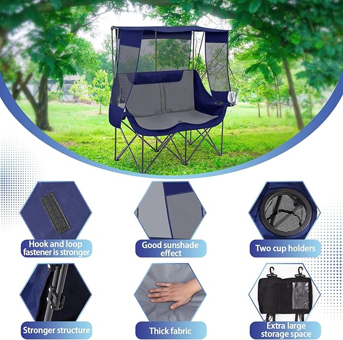 Double Camping Chair with Canopy Shade 660lbs Heavy Duty Beach Chair Portable Folding 2 Person Camping Loveseat with Cup Holder and Storage Bag for Lawn Beach Outdoor Sport(Blue and Grey)