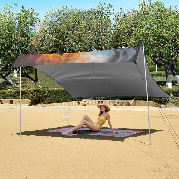ALAZA Ice Wolf &amp Fire Wolf Beach Tent Sun Shelter UPF50+ Protection Beach Shade Canopy w/ 4 Sandbags for Outdoor Camping Fishing Backyard Fun Picnic 10x9 ft