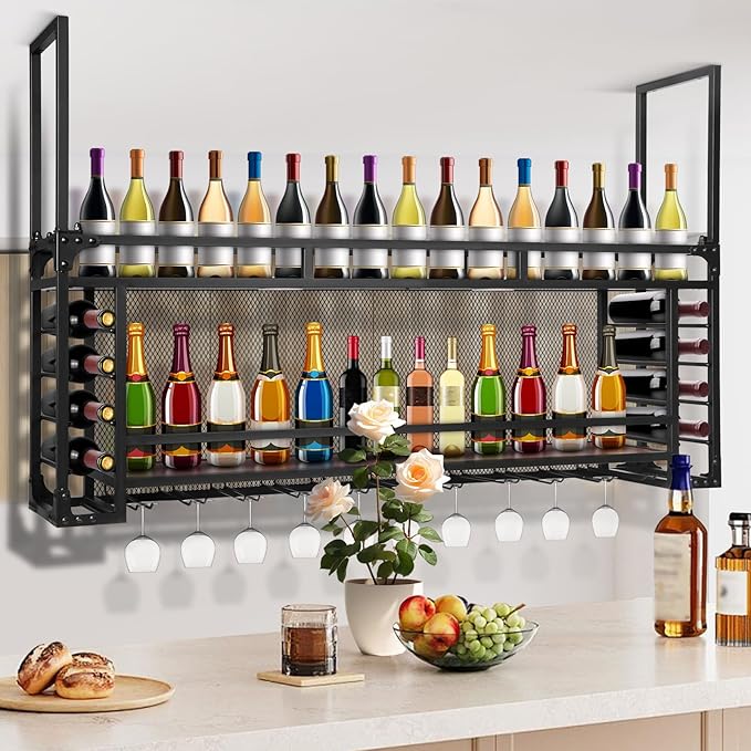 Wall Mounted 2 -Tiers Bottle Display Rack Hanging Shelf Simple Type with Large Bottles Display Shelf for Bar Restaurant Indoor
